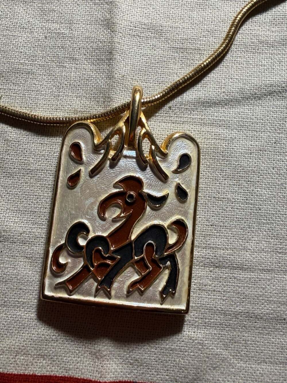Vintage Gold Tone Pendant with Mythical Beast Enamel Motif on Snake Chain